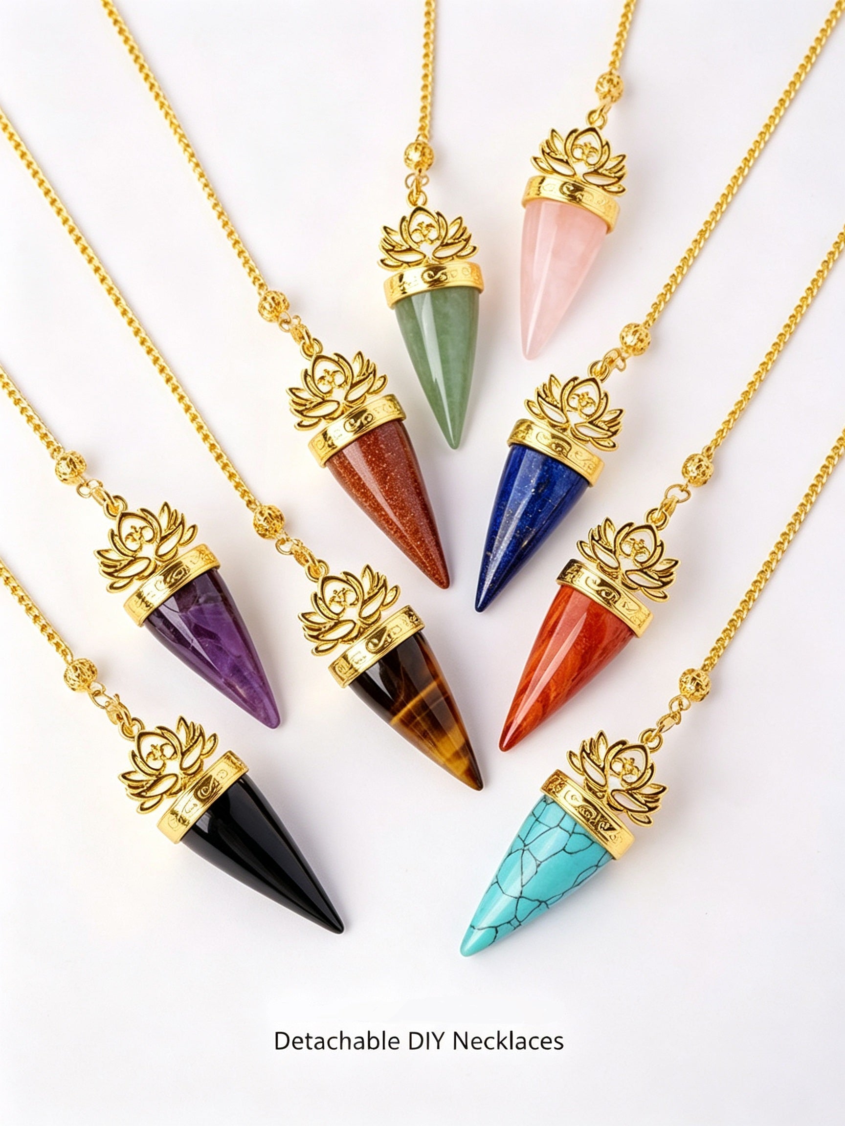 RYS Natural Crystal Golden Cone Pendulum Pendant with Chain