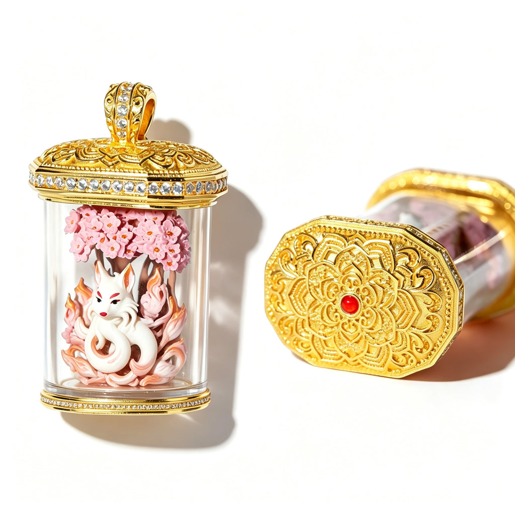 PTR Brass Hand‑painted 3D Statue Pendant Cylindrical Hollow Locket Necklace
