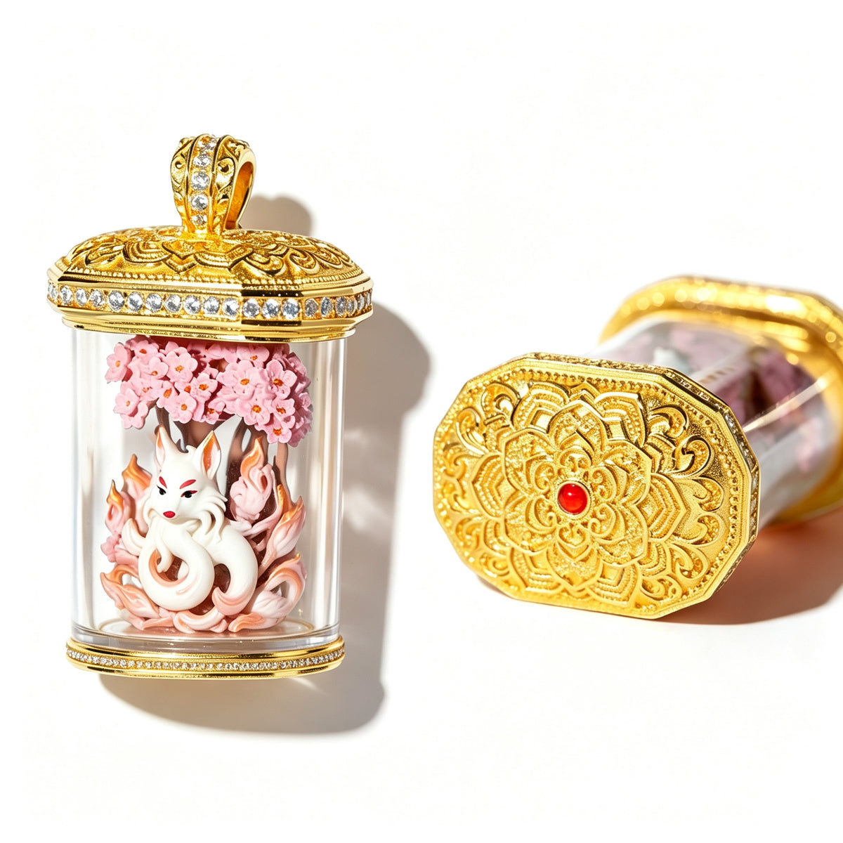 PTR Brass Hand‑painted 3D Statue Pendant Cylindrical Hollow Locket Necklace