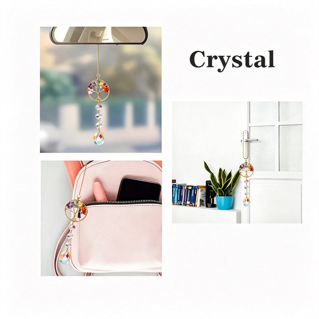 RYS Natural Crystal Tree of Life Suncatcher, Rainbow‑Drop Crystal Hanging Ornament for Window, Car & Home Decor