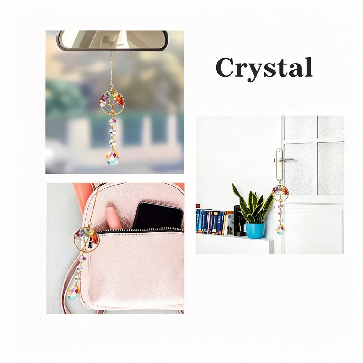RYS Natural Crystal Tree of Life Suncatcher, Rainbow‑Drop Crystal Hanging Ornament for Window, Car & Home Decor