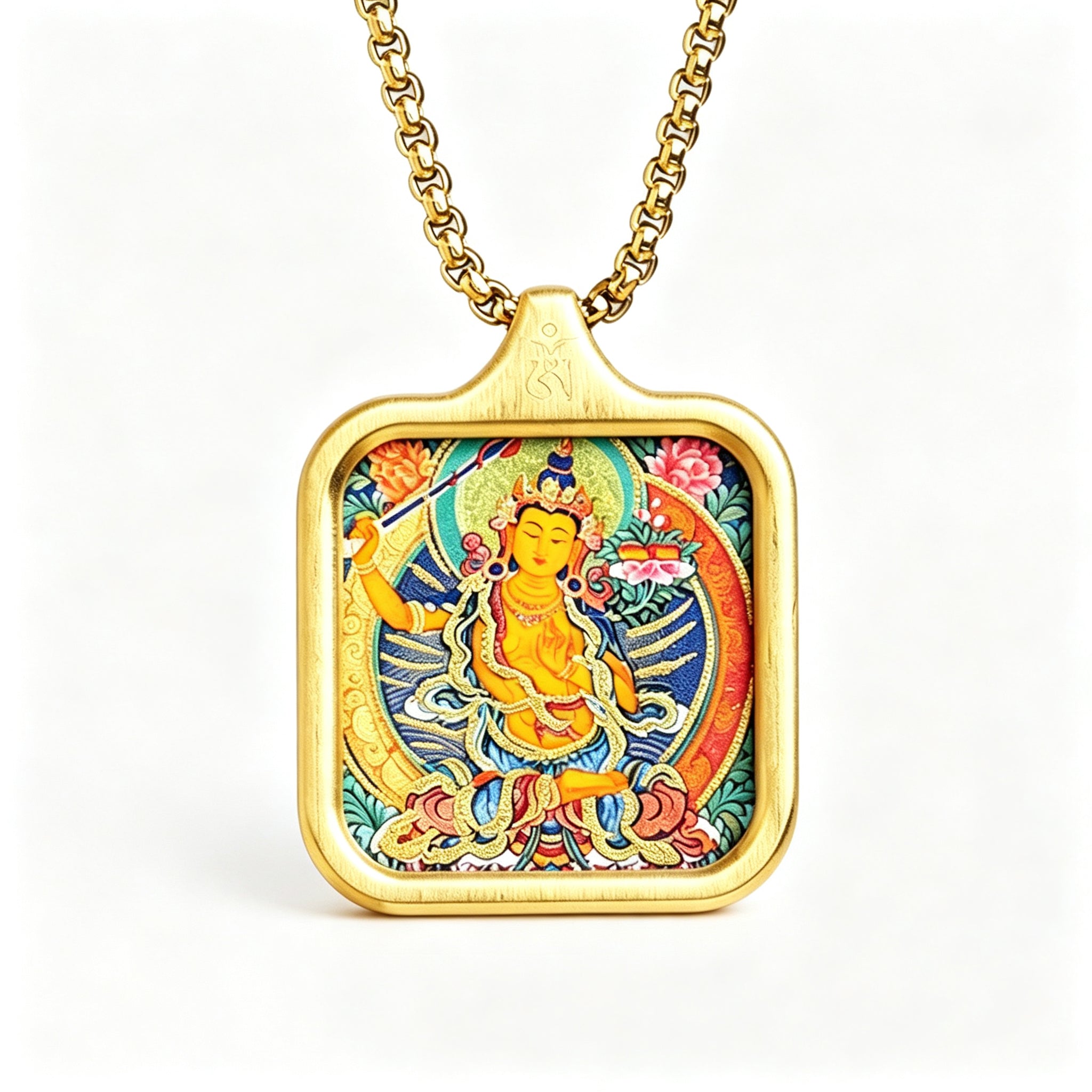 RYS Hand-Painted Thangka Buddha Pendant Necklace | 18K Gold Plated Alloy | Tibetan Patron Saint Amulet for Zodiac Signs | Spiritual Protection Jewelry