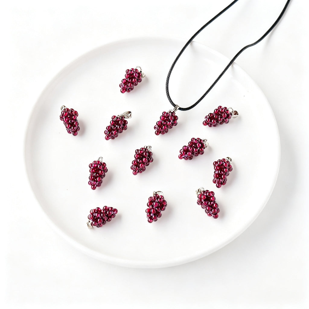 RYS Handmade Garnet Grape Pendant Necklace | Natural Red Garnet Beaded Charm with Black Leather Cord