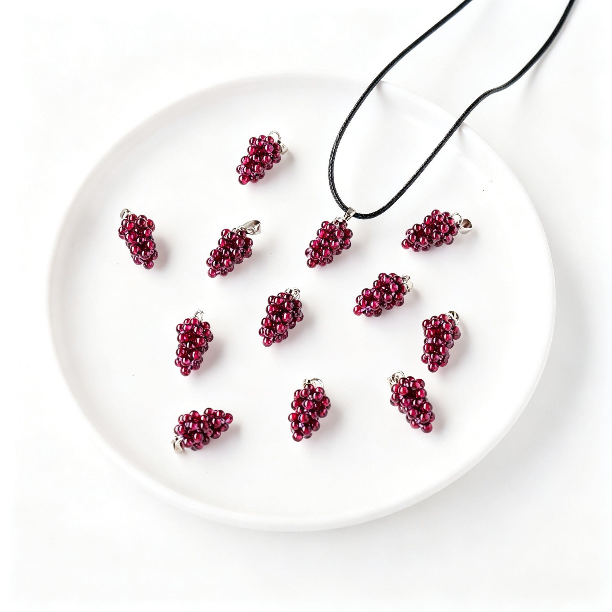 RYS Handmade Garnet Grape Pendant Necklace | Natural Red Garnet Beaded Charm with Black Leather Cord