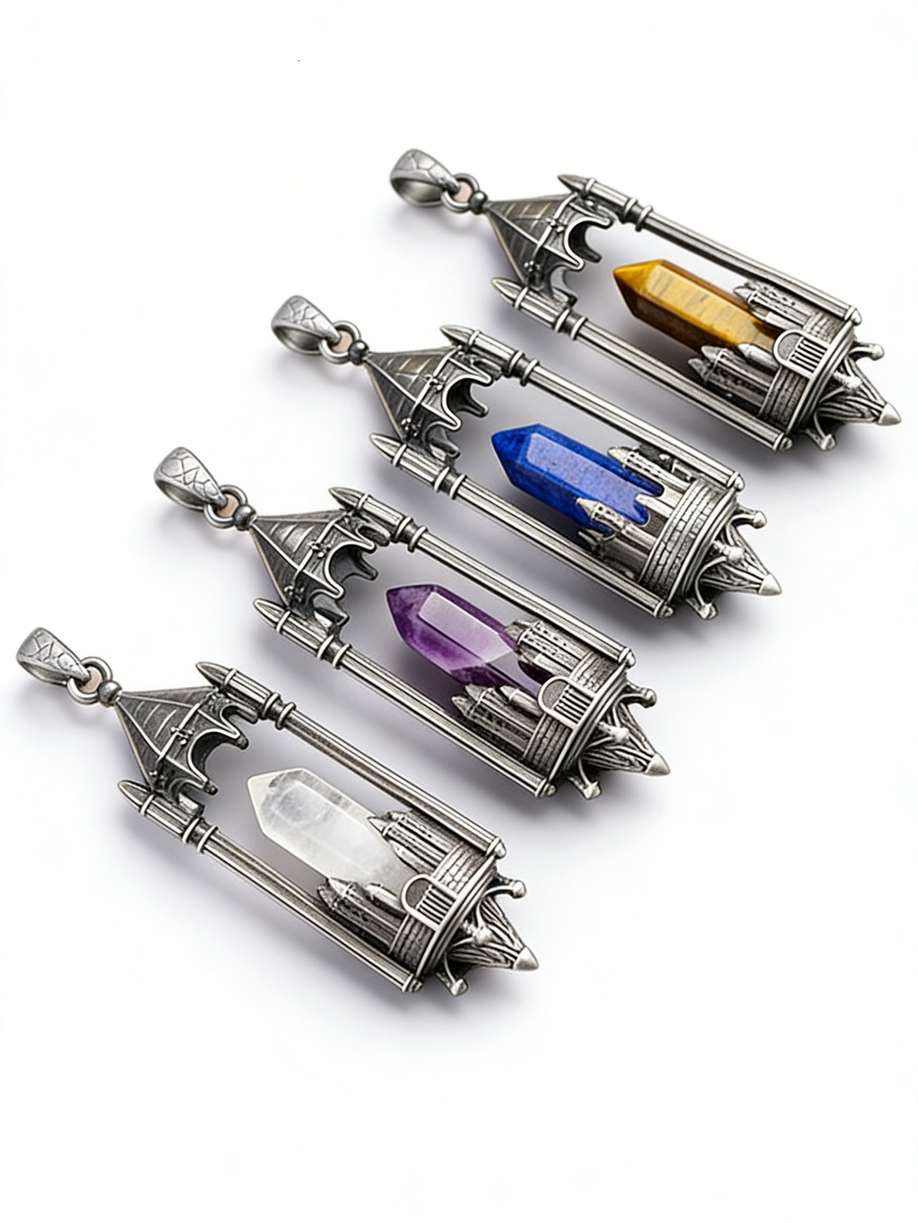 RYS Fantasy Castle Natural Crystal Point Pendant | Multi-Metal (Titanium/Silver/Gold) Options, Includes Chain