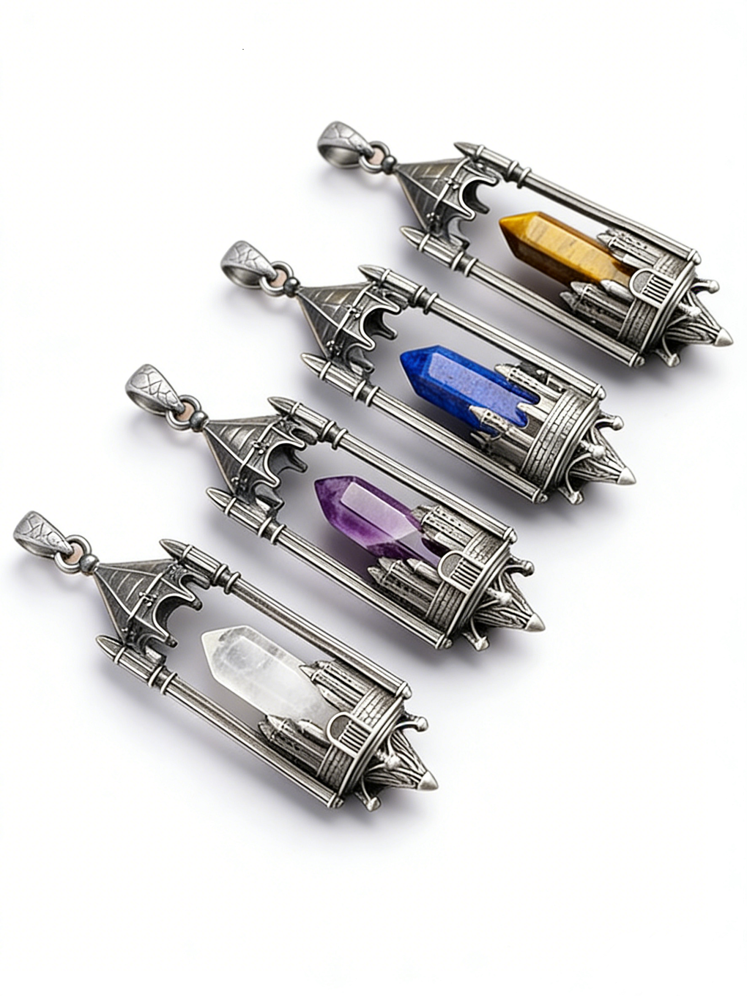 RYS Fantasy Castle Natural Crystal Point Pendant | Multi-Metal (Titanium/Silver/Gold) Options, Includes Chain