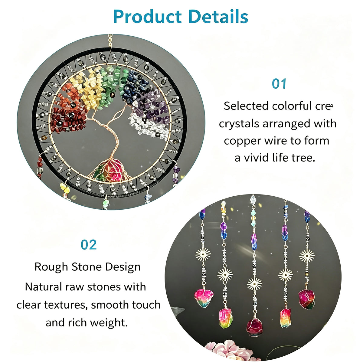 MGY Tree of Life Dreamcatcher Wind Chime, Natural Crystal Stone Boho Wall Hanging Decor