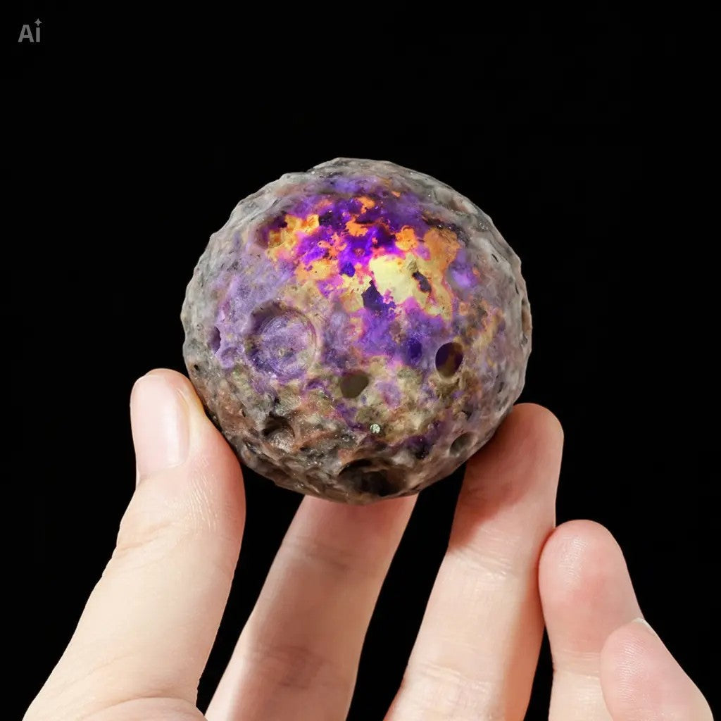 RYS Natural Flame Stone Moon Sphere Carving | UV Reactive Lunar Meteorite Crater Crystal Ball | Home Decor & Collectible Gift