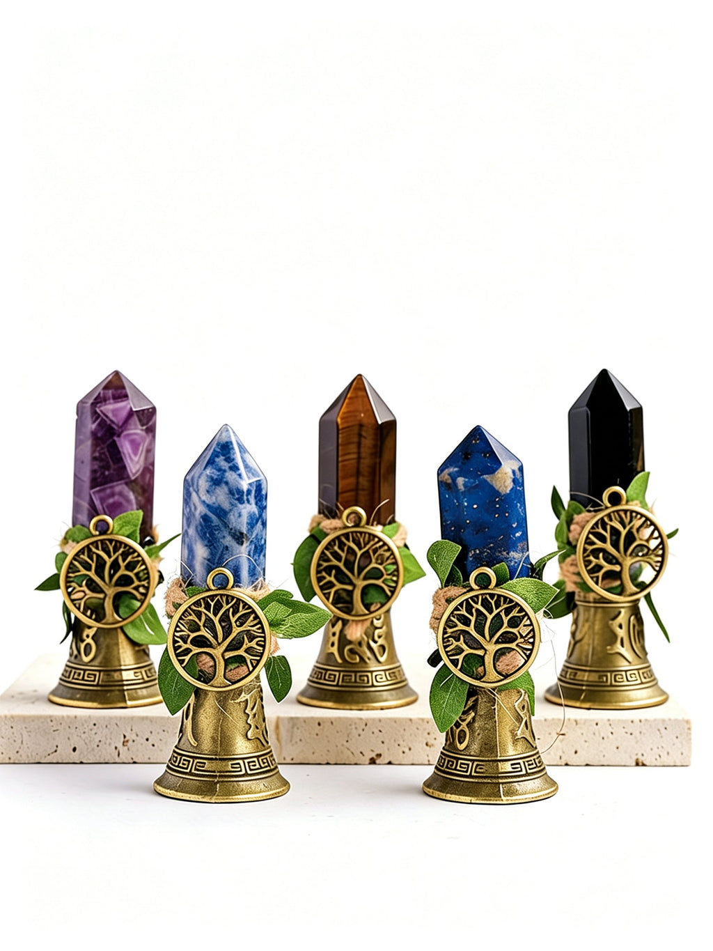 RYS Crystal Point Hand Bell with Tree of Life Charm - Natural Gemstone Decorative Ornament for Home & Spiritual Gifts