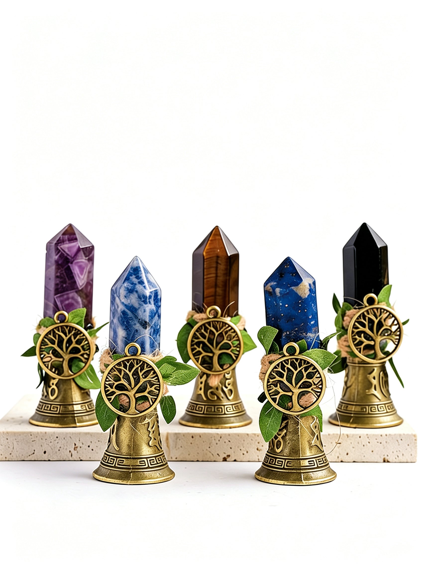 RYS Crystal Point Hand Bell with Tree of Life Charm - Natural Gemstone Decorative Ornament for Home & Spiritual Gifts