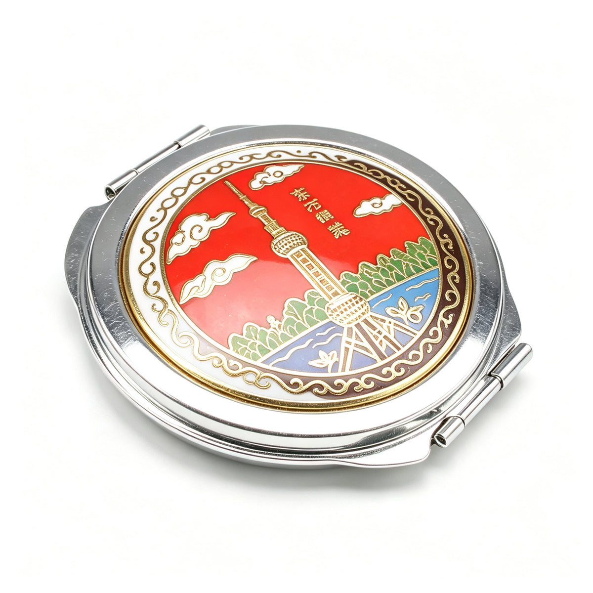 JCJ Vintage Beijing Cloisonne Compact Mirror, Antique Export‑Stock Enamel Collectible Makeup Mirror, Cultural Art Gift