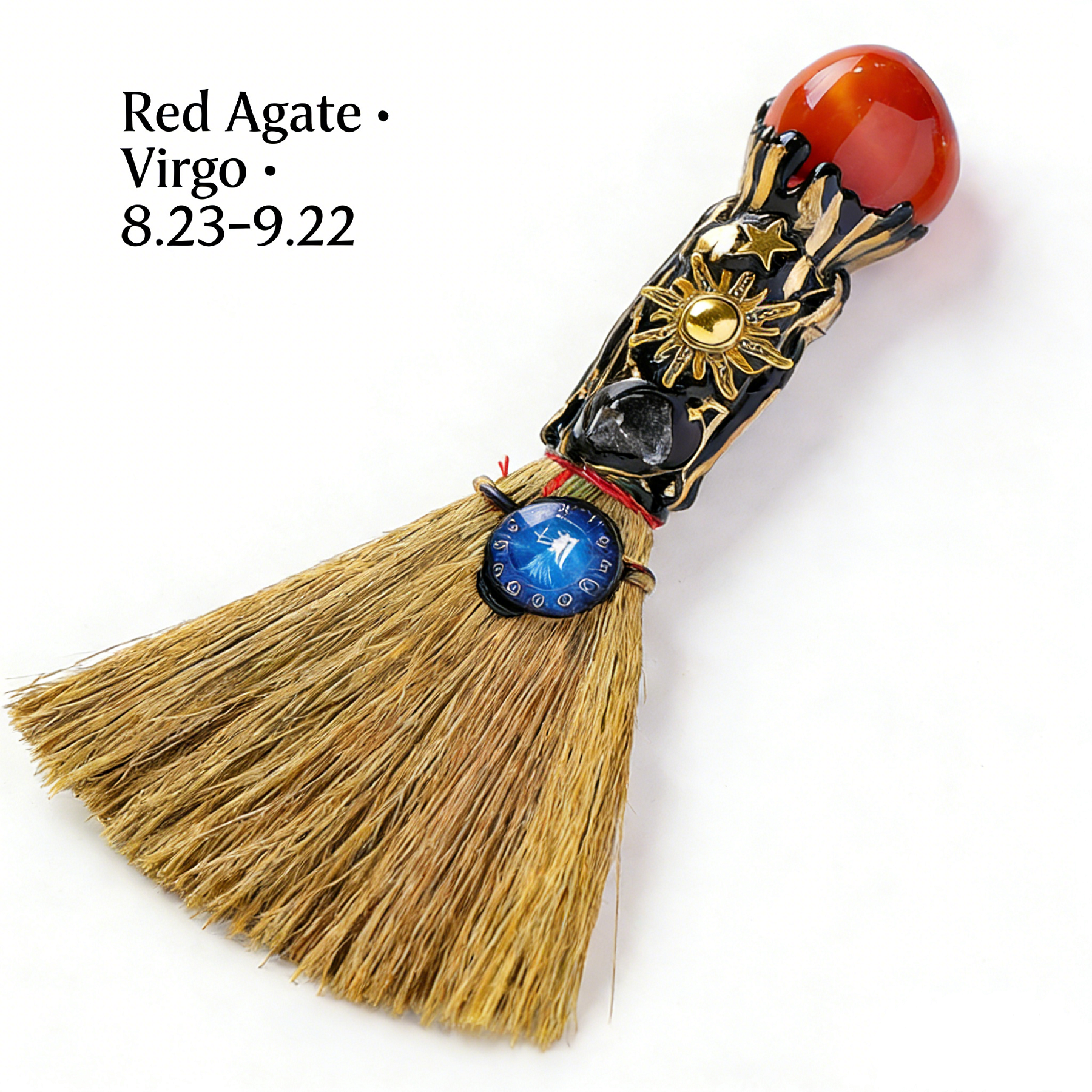 RYS Handmade Witch Broom with Natural Crystal | Zodiac Sign Altar Decor | Aries Amazonite Mini Broom for Wiccan & Pagan Gifts