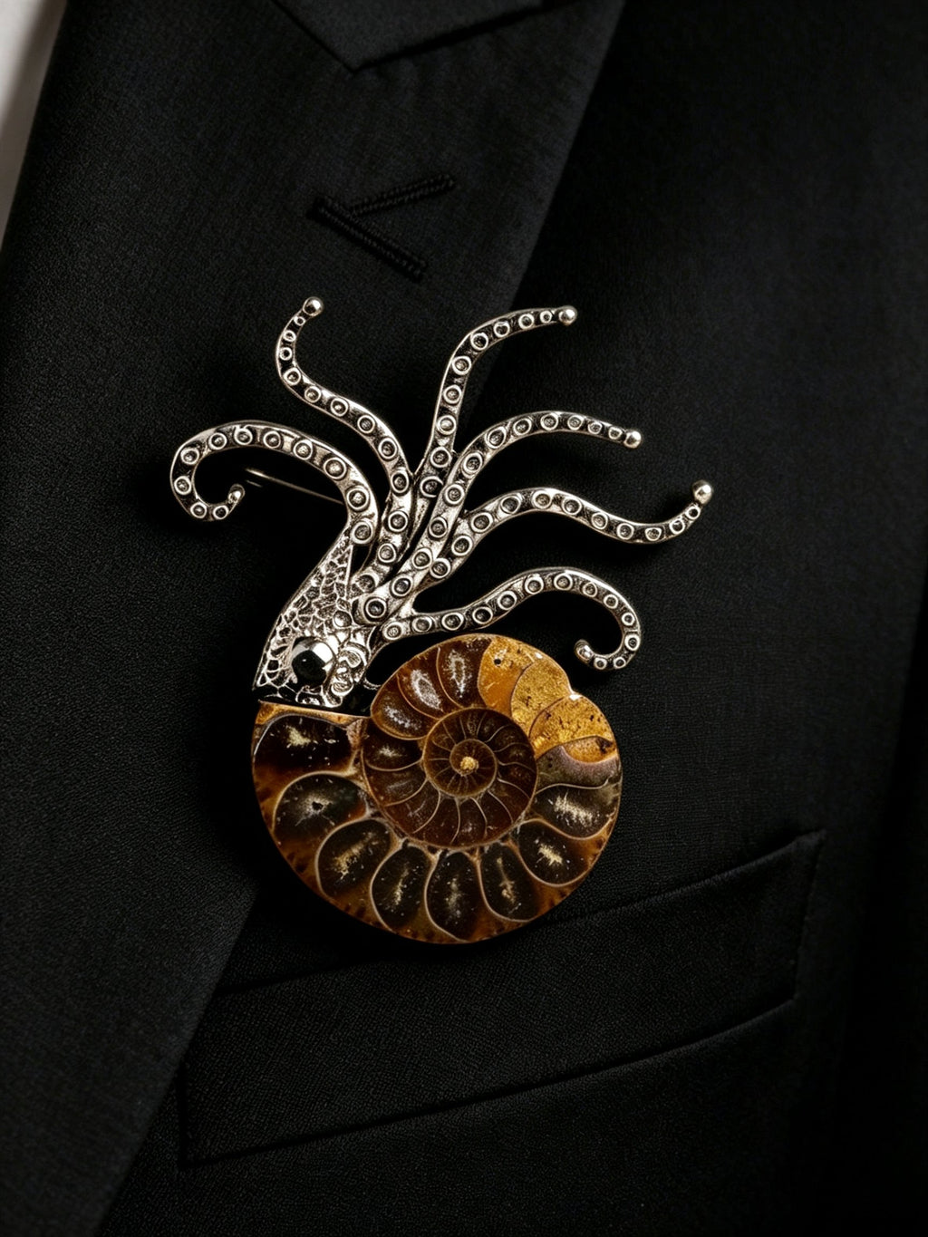 RYS Natural Ammonite Fossil Jewelry Brooch Necklace Earrings Set