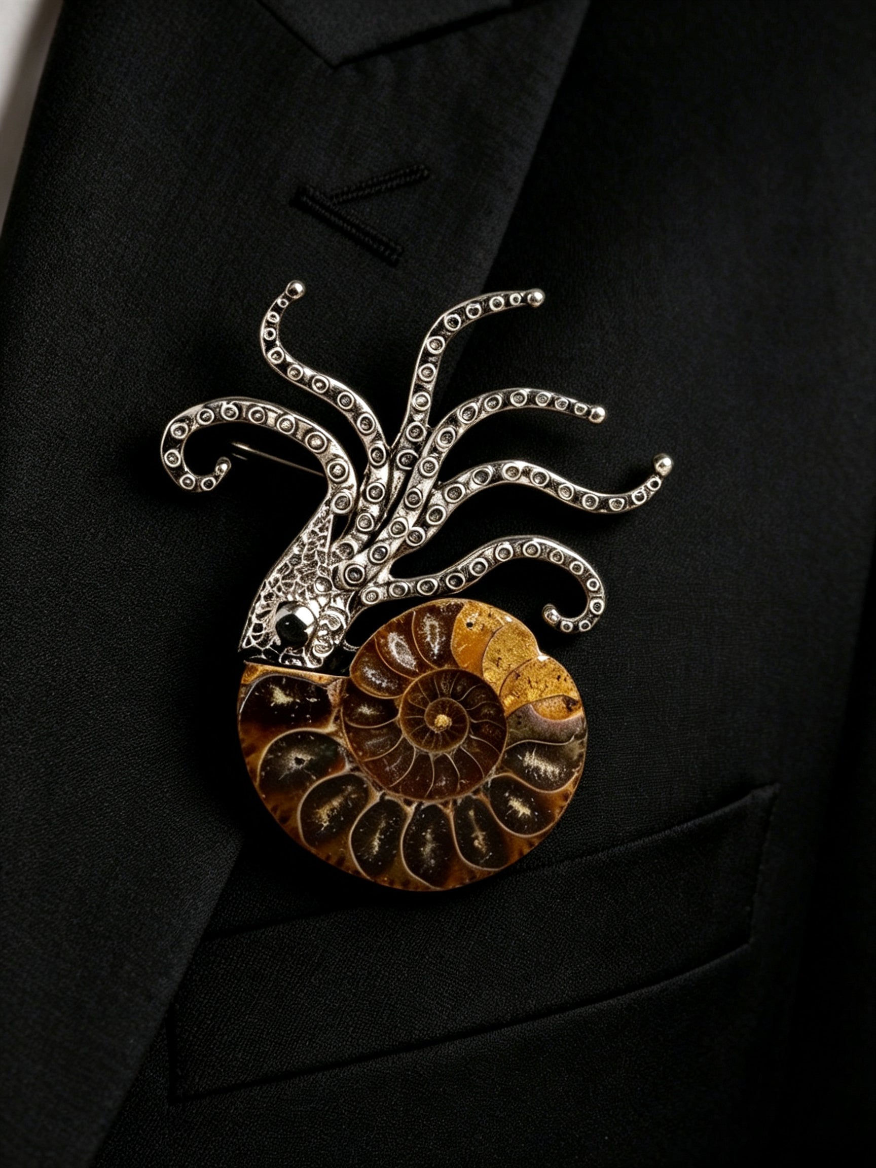 RYS Natural Ammonite Fossil Jewelry Brooch Necklace Earrings Set
