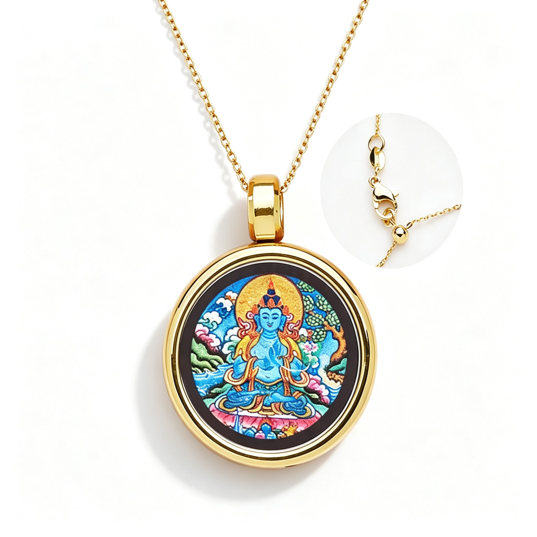 RYS Hand-Painted Thangka Buddha Pendant Necklace | 18K Gold Plated Alloy | Tibetan Patron Saint Amulet for Zodiac Signs | Spiritual Protection Jewelry
