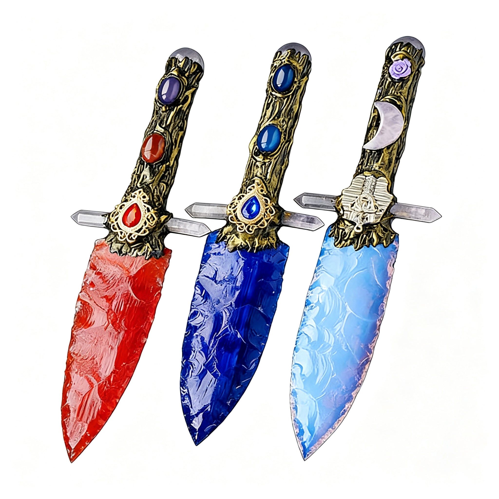 RYS Natural Obsidian Crystal Dagger, Hand Carved Stone Blade with Wooden Handle, Random Style for Altar & Decoration