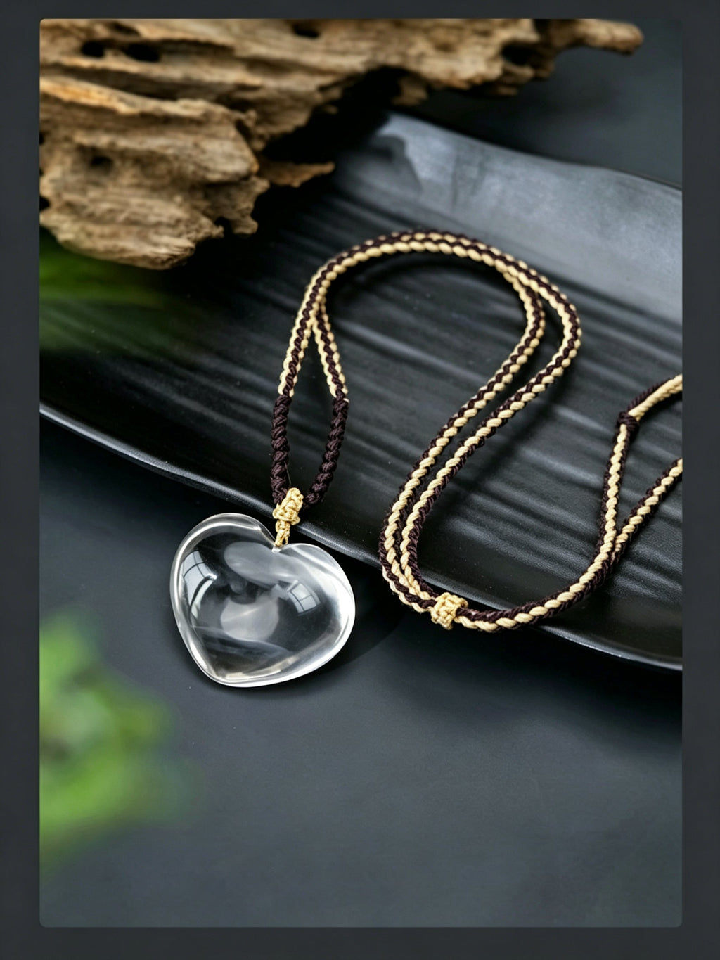 RYS Natural Clear Quartz Heart Pendant Necklace Hand Woven Rope