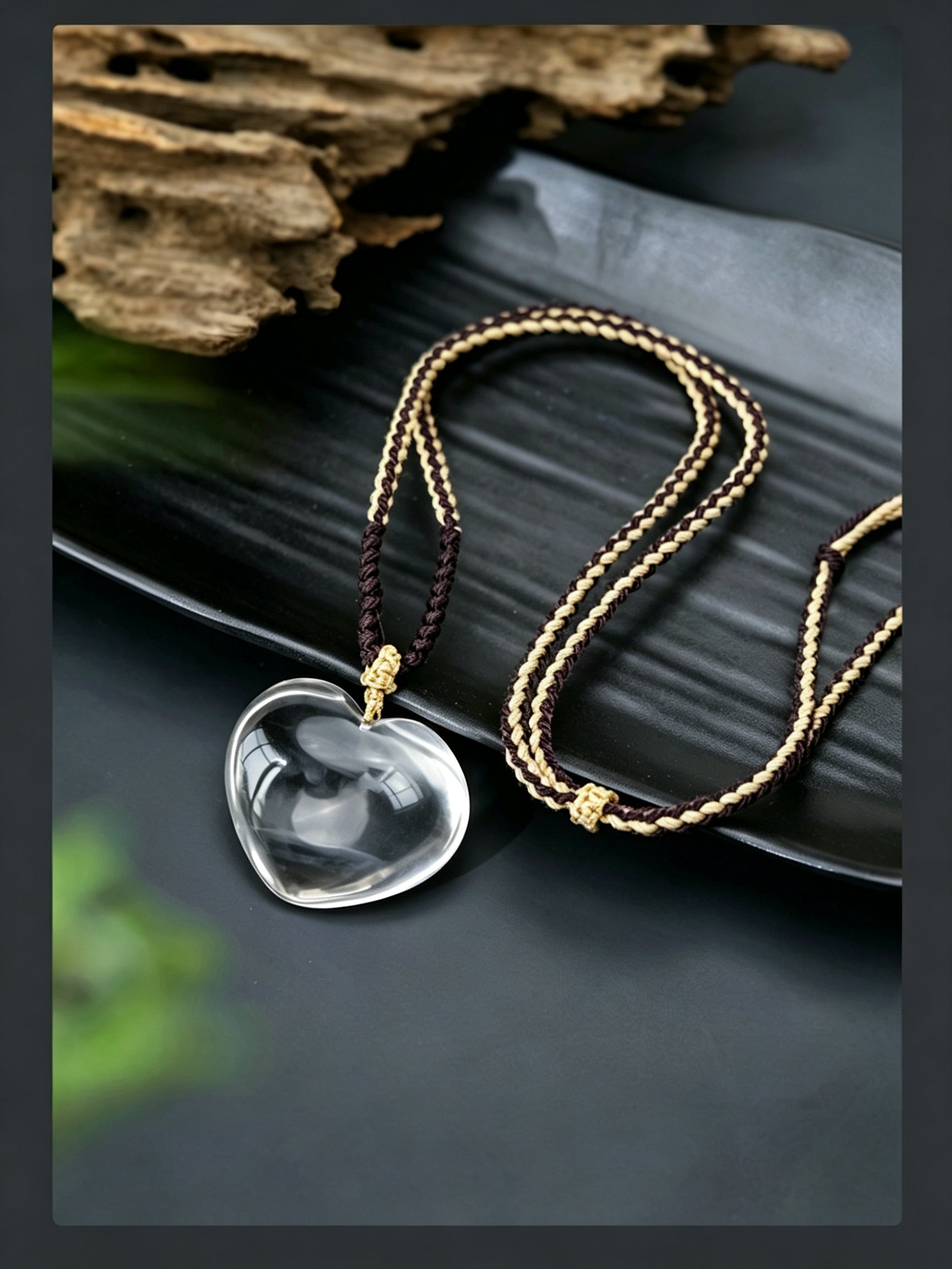 RYS Natural Clear Quartz Heart Pendant Necklace Hand Woven Rope
