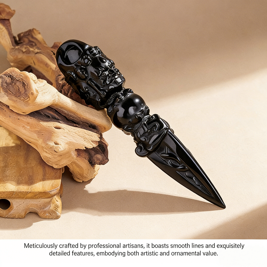RYS Natural Obsidian Vajra Pestle Carving | Hand-Carved Phurba Dagger | Spiritual Protection Crystal Decor for Altar & Meditation