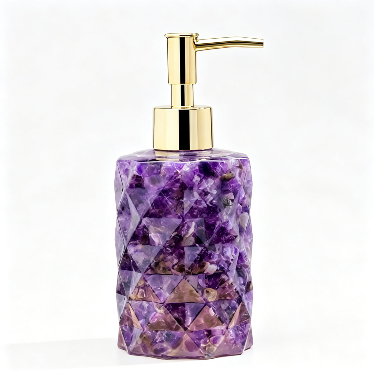 RYS Natural Crystal Chips Resin Soap Dispenser, Press‑Type Refillable Lotion Bottle for Bathroom Vanity Decor