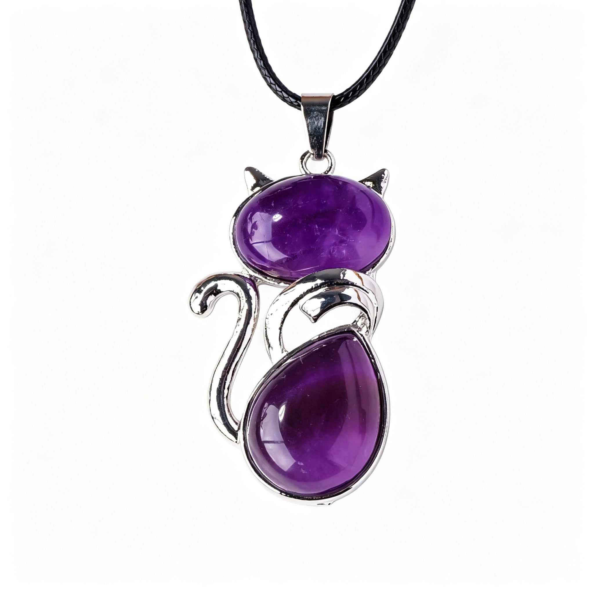 RYS Natural Crystal Gemstone Cat Pendant with Leather Cord