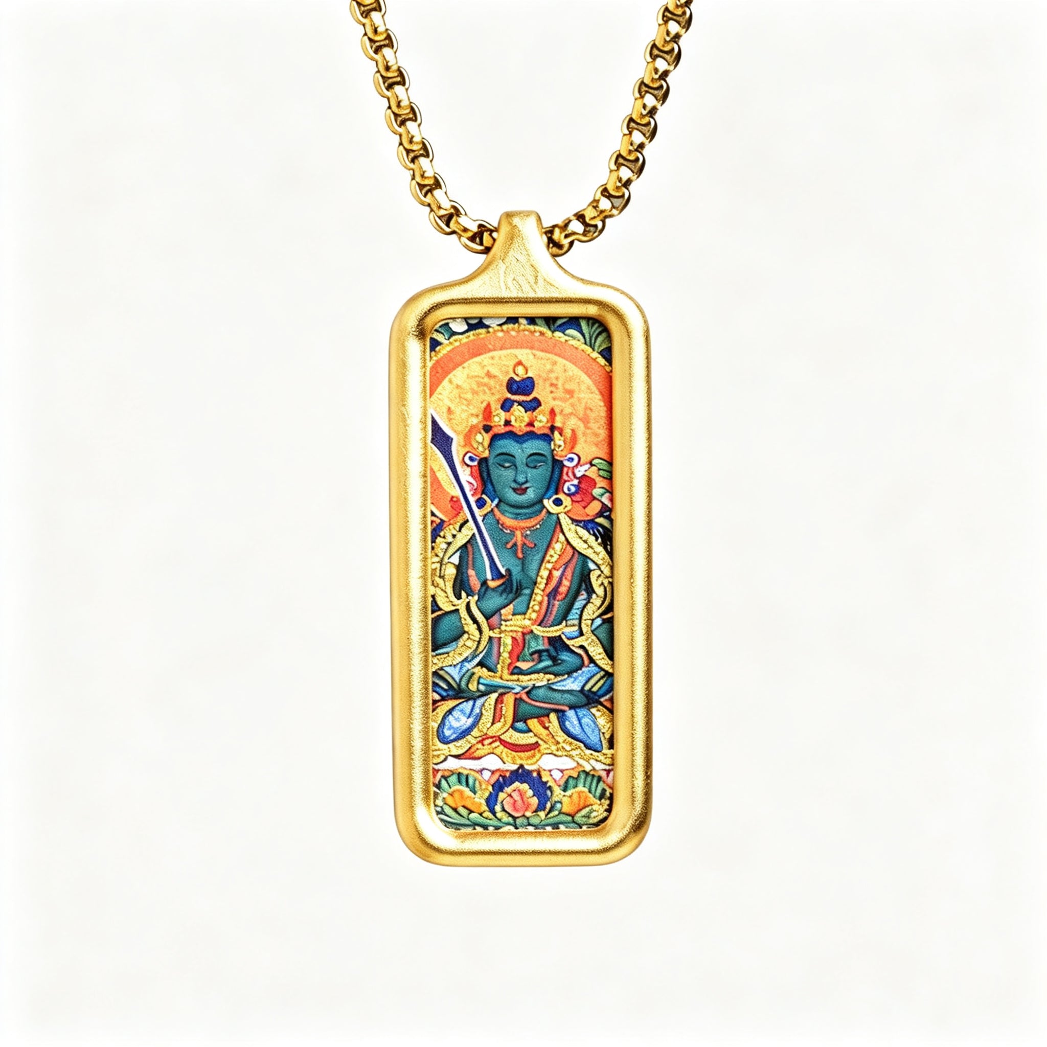 RYS Hand-Painted Thangka Buddha Pendant Necklace | 18K Gold Plated Alloy | Tibetan Patron Saint Amulet for Zodiac Signs | Spiritual Protection Jewelry