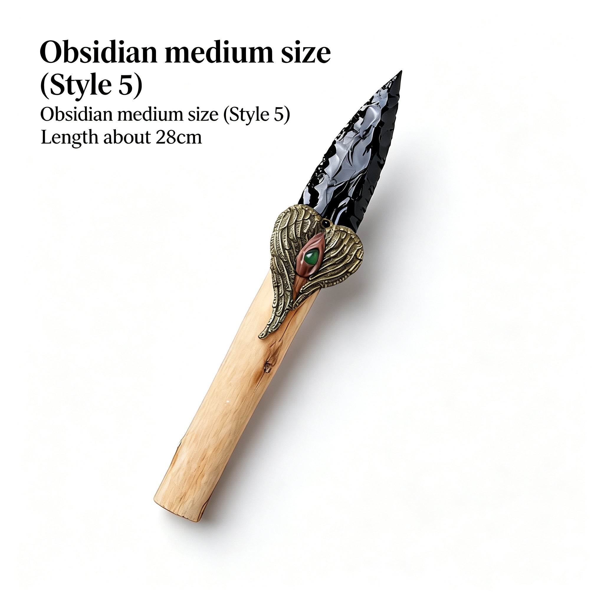 RYS Natural Obsidian Crystal Arrowhead, Hand Knapped Stone Tip with Wooden/Alloy Handle, Decorative & Ritual Use