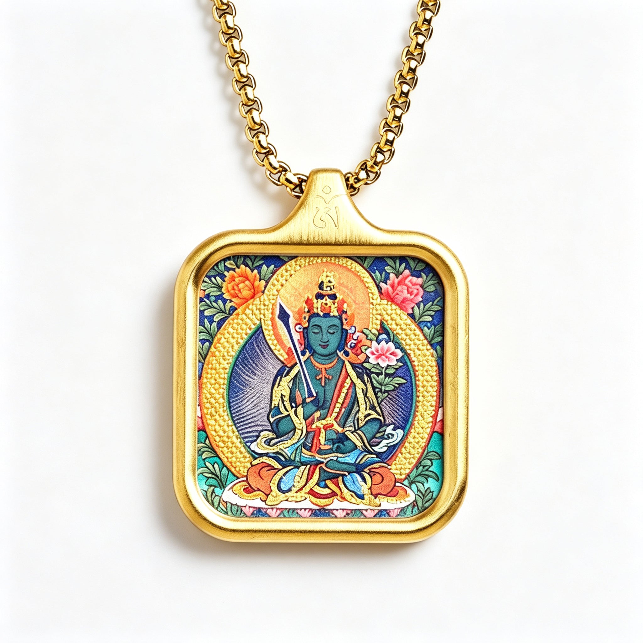 RYS Hand-Painted Thangka Buddha Pendant Necklace | 18K Gold Plated Alloy | Tibetan Patron Saint Amulet for Zodiac Signs | Spiritual Protection Jewelry