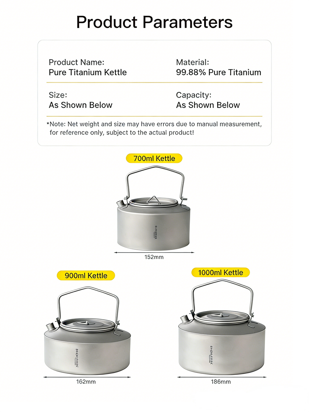 SNR Titanium Campingwasserkocher | 600-1000ml Leichter Outdoor Wasserkocher mit klappbarem Griff