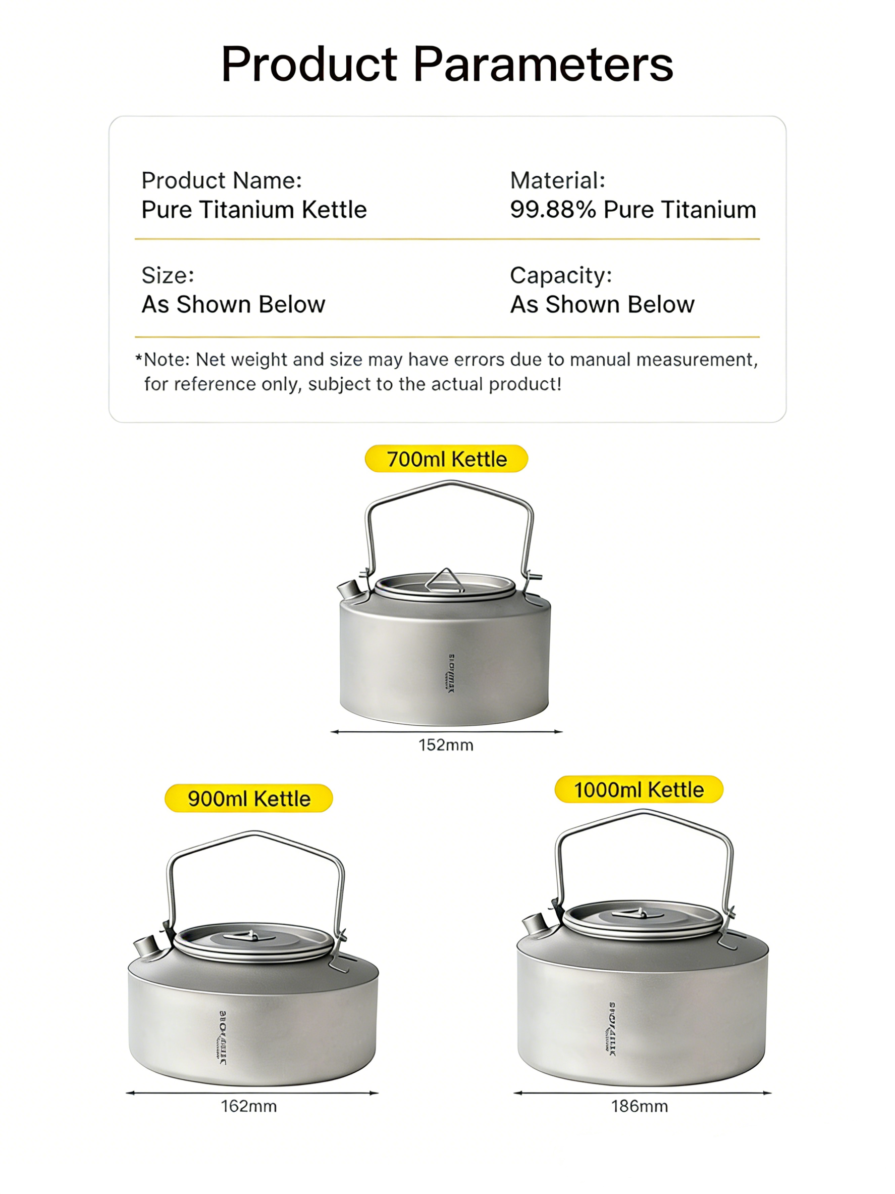 SNR Titanium Campingwasserkocher | 600-1000ml Leichter Outdoor Wasserkocher mit klappbarem Griff