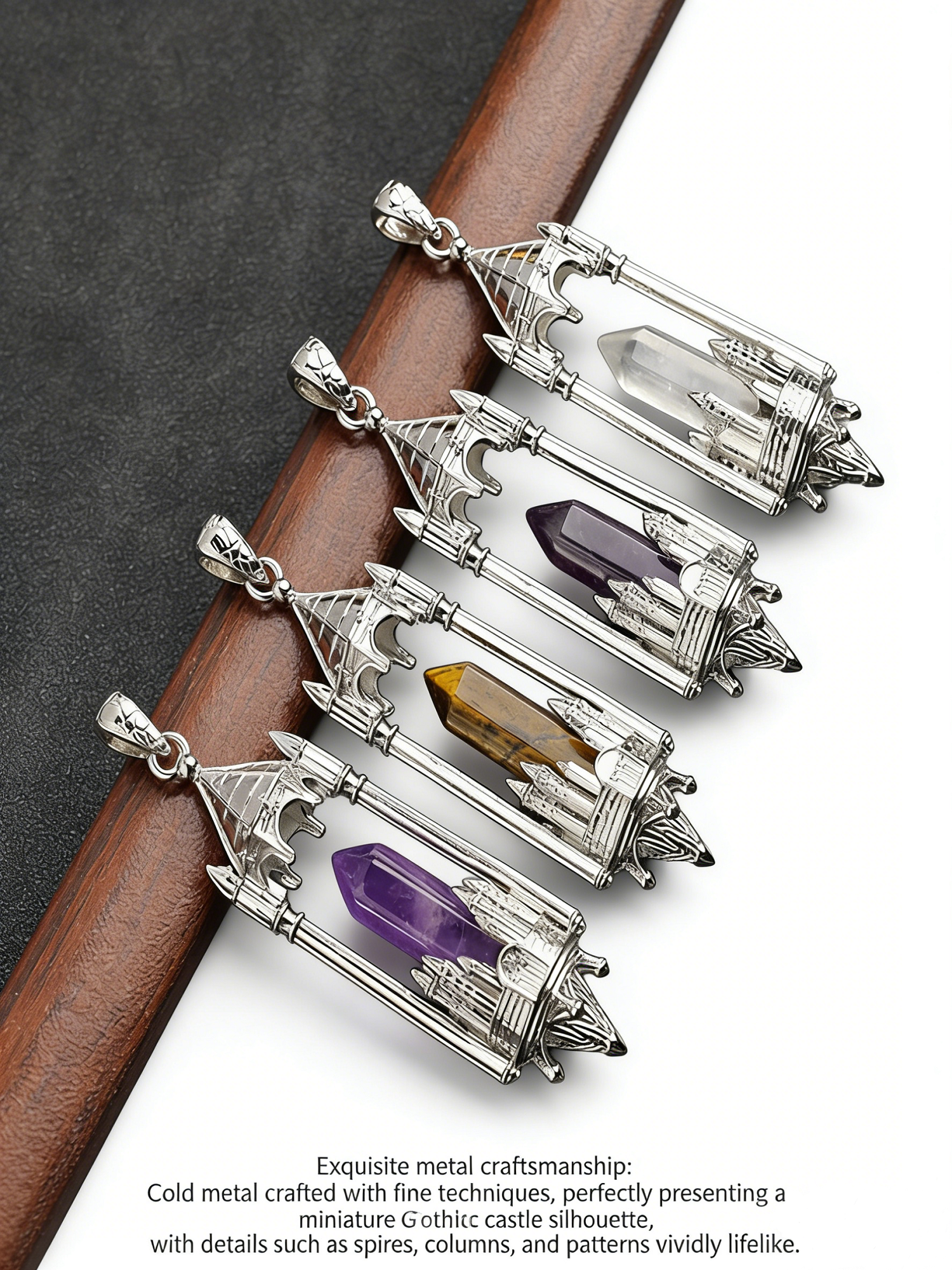 RYS Fantasy Castle Natural Crystal Point Pendant | Multi-Metal (Titanium/Silver/Gold) Options, Includes Chain