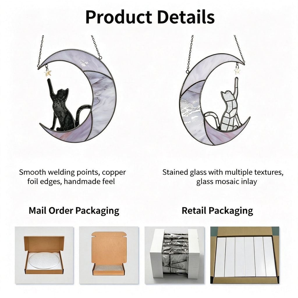 YAP Cat Moon Stained‑Glass Suncatcher Hanging Ornament, Window Wall Home Decor Gift