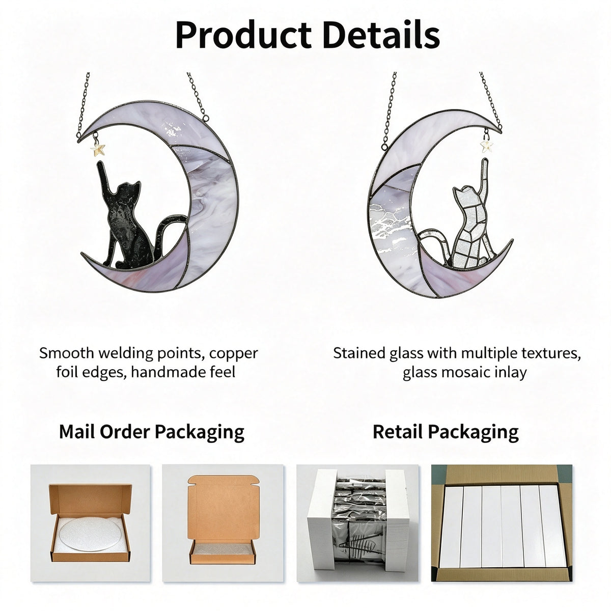 YAP Cat Moon Stained‑Glass Suncatcher Hanging Ornament, Window Wall Home Decor Gift
