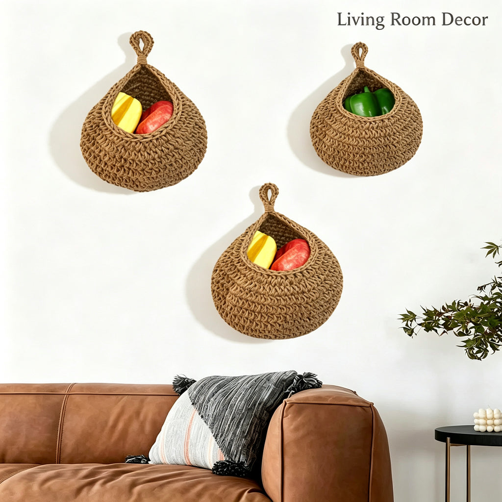 JXG Handwoven Hanging Storage Basket Teardrop Nest Fruit Vegetable Organizer Ins Style Cotton Wall Hanging Net Bag