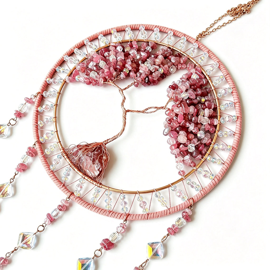 MGY Tree of Life Dreamcatcher Wind Chime, Natural Crystal Stone Boho Wall Hanging Decor