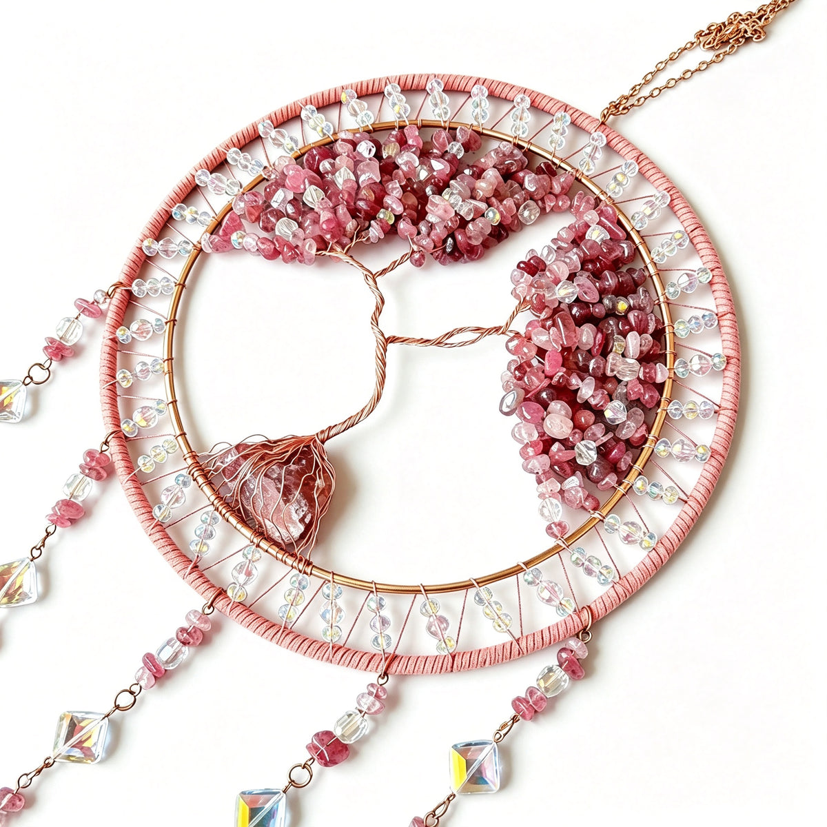 MGY Tree of Life Dreamcatcher Wind Chime, Natural Crystal Stone Boho Wall Hanging Decor