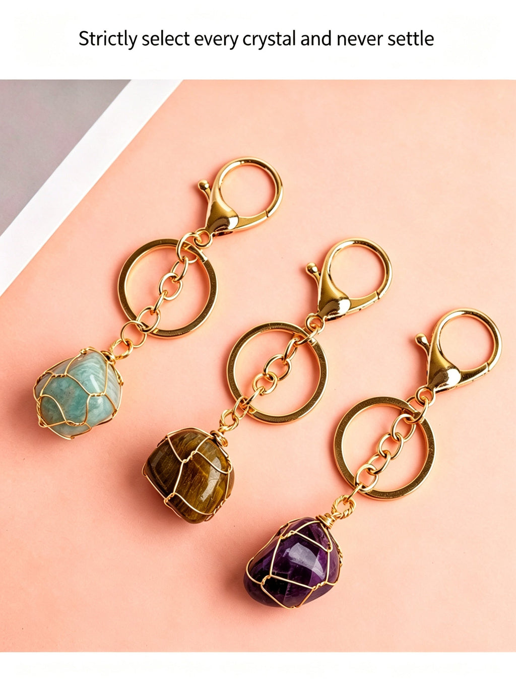 RYS Natural Rough Crystal Handmade Mesh Pouch Keychain Irregular Tumbled Stone Bag Charm