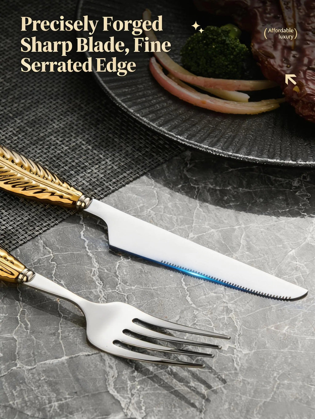 HGD 304 Stainless Steel Luxury Feather-Handled Cutlery | Premium Steak Knife Fork Spoon Set
