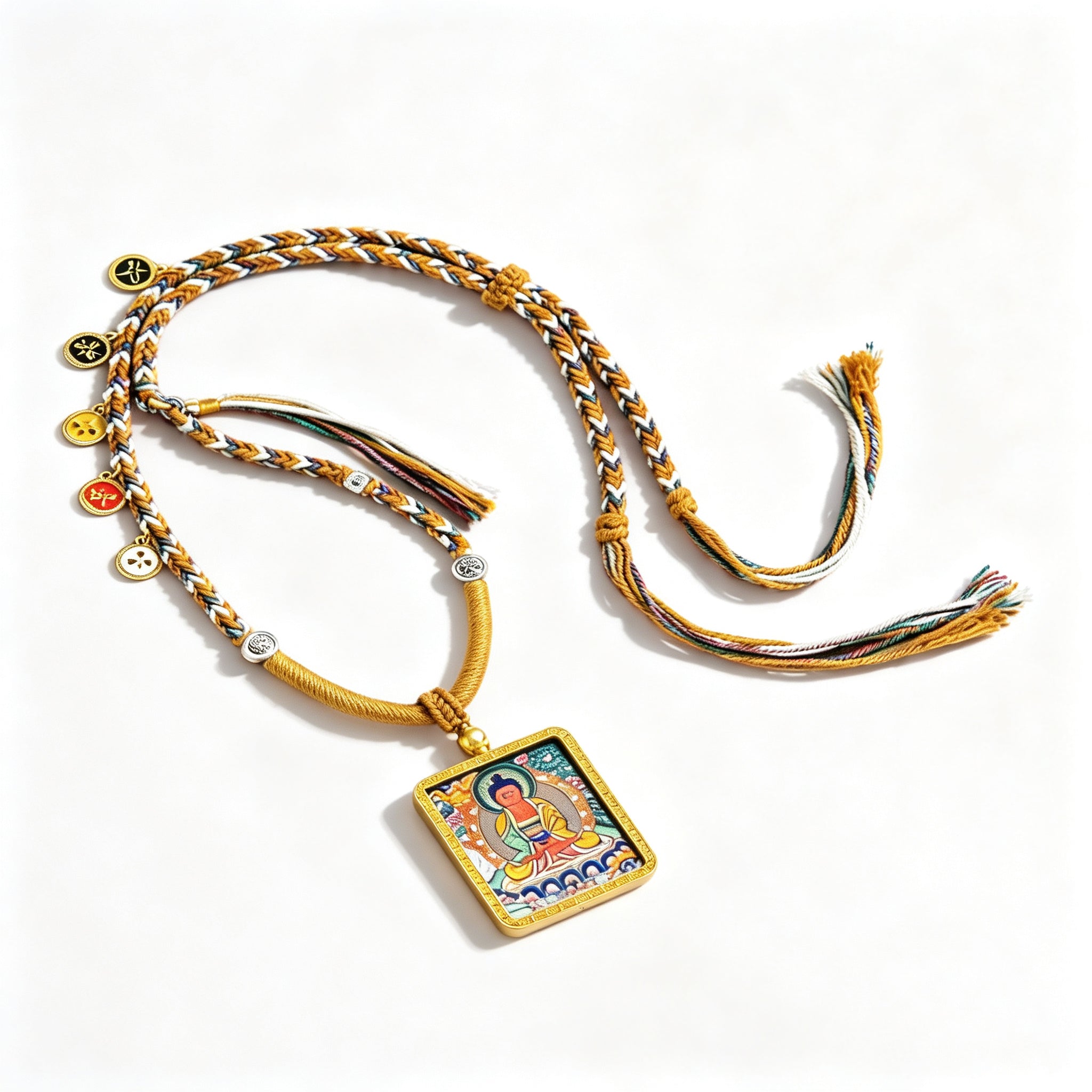 RYS Hand-Painted Thangka Buddha Pendant Necklace | 18K Gold Plated Alloy | Tibetan Patron Saint Amulet for Zodiac Signs | Spiritual Protection Jewelry