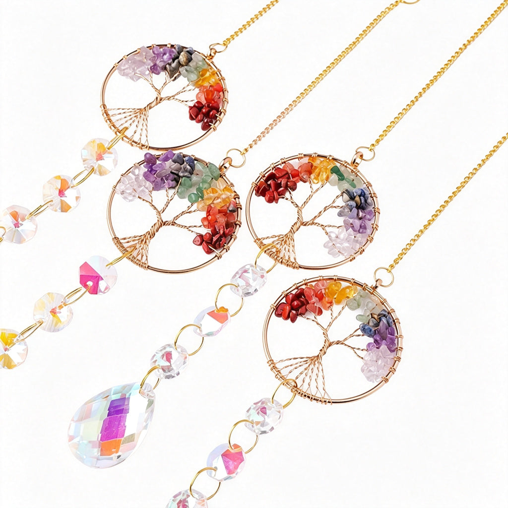 RYS Natural Crystal Tree of Life Suncatcher, Rainbow‑Drop Crystal Hanging Ornament for Window, Car & Home Decor