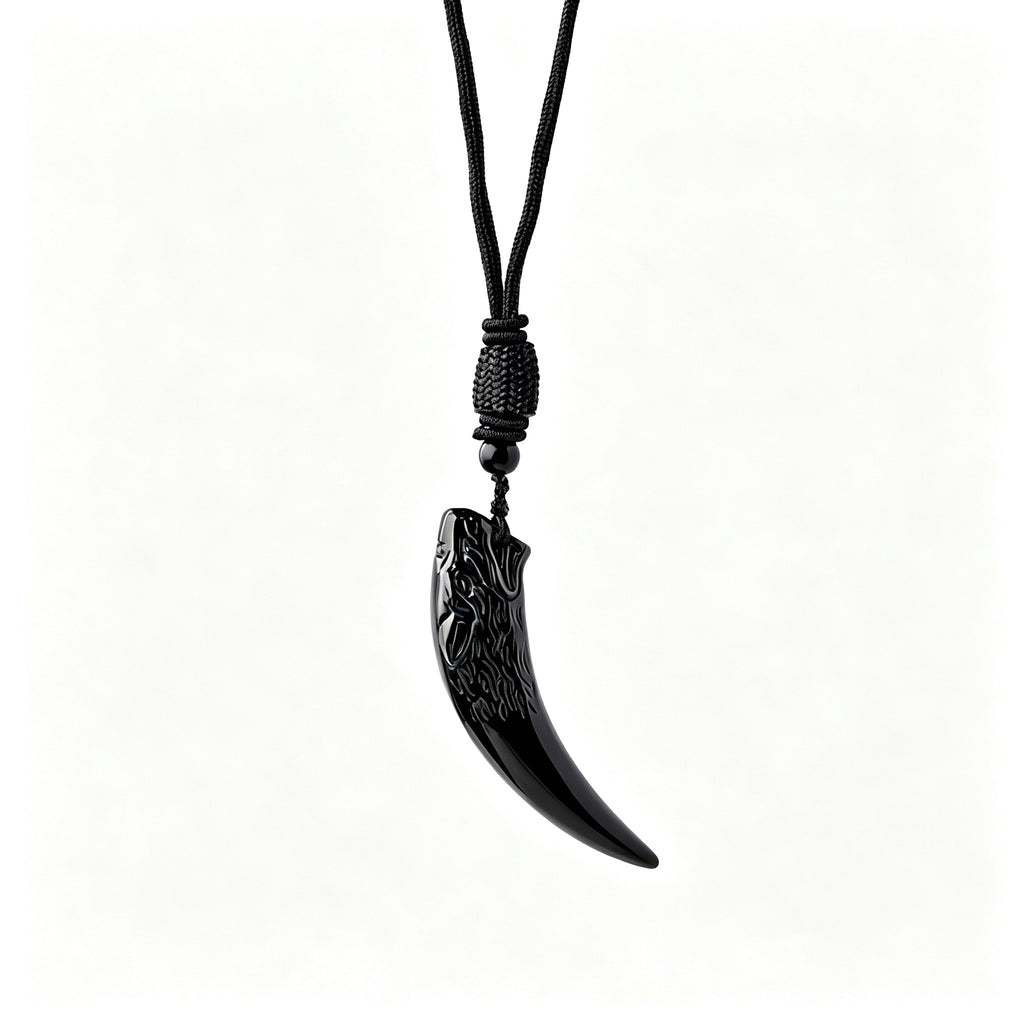 RYS Natural Obsidian Wolf Tooth Pendant Necklace for Men, Minimalist Daily Wear Jewelry Gift