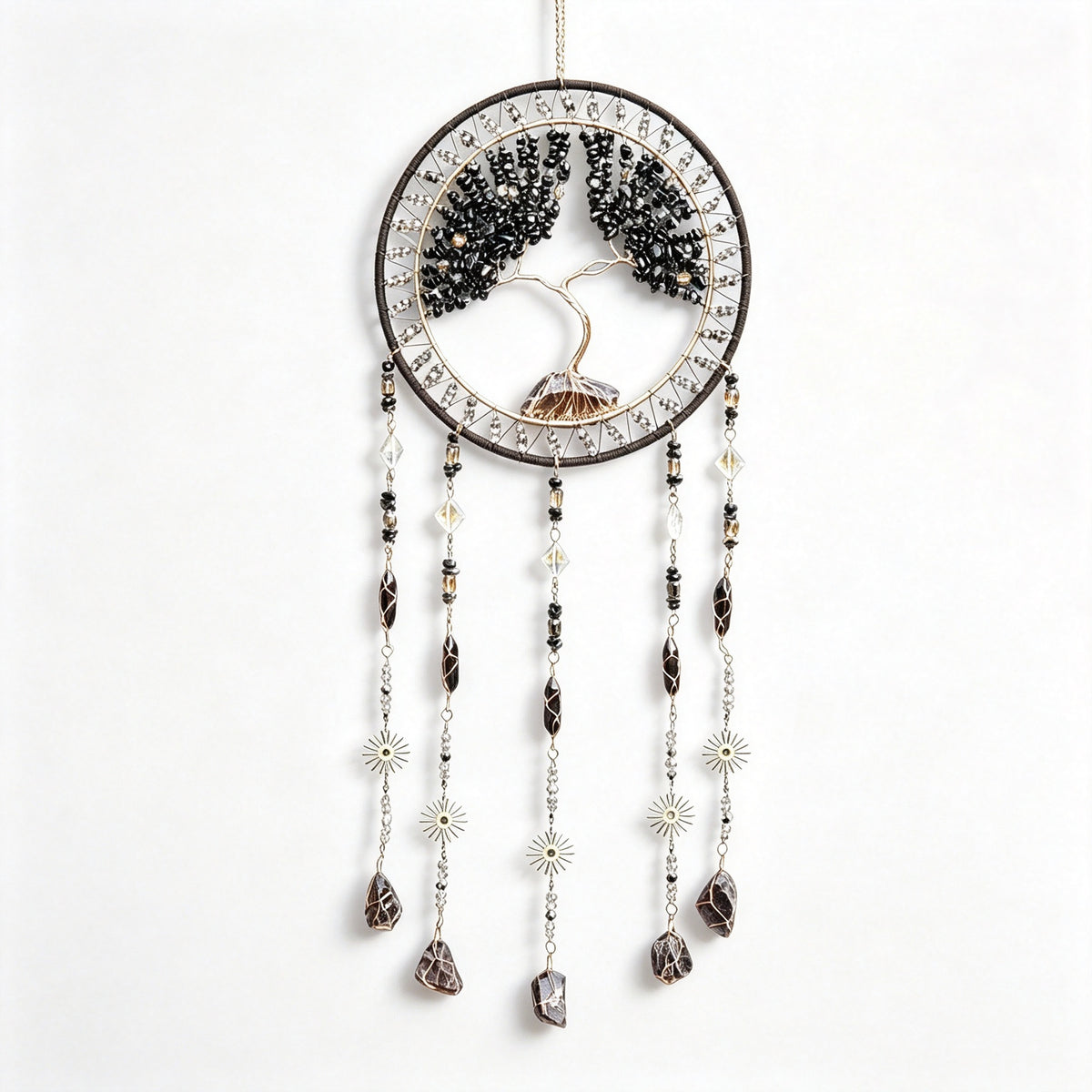 MGY Tree of Life Dreamcatcher Wind Chime, Natural Crystal Stone Boho Wall Hanging Decor