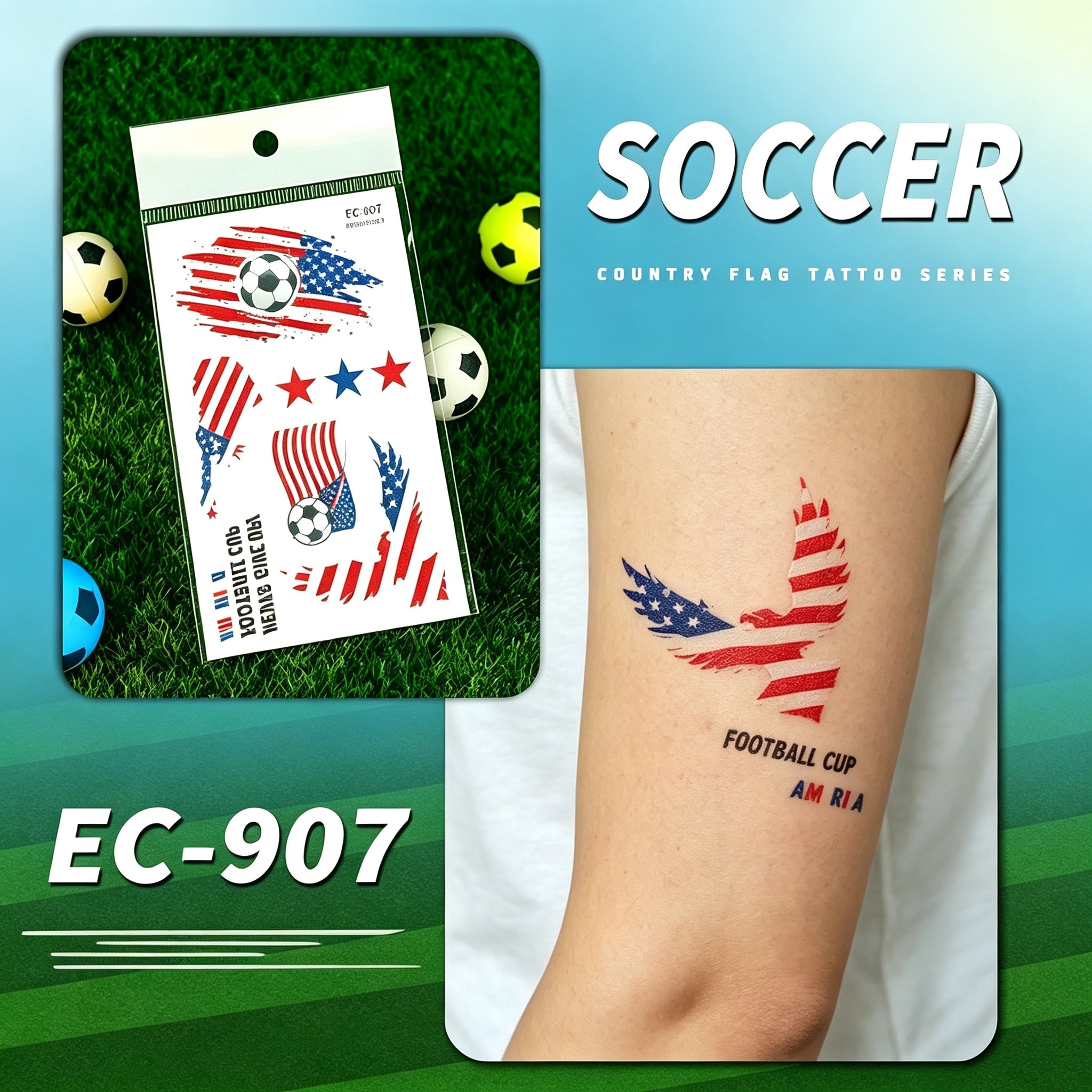 RCT 2026 World Cup Waterproof Flag Temporary Tattoos – 5 Pack | Safe Soy Ink, RoHS CE CPC UKCA Certified
