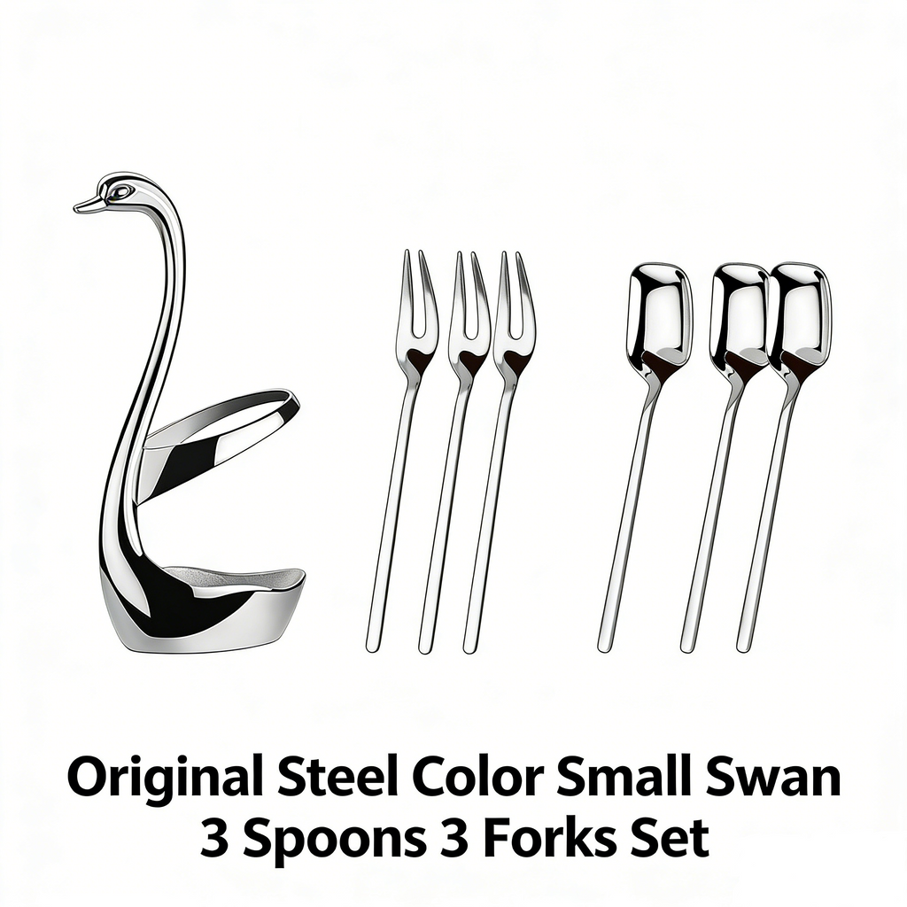HGD 304 Stainless Steel Fruit Spoon & Fork Set | Swan Base Holder | Modern Minimalist Tableware Kit