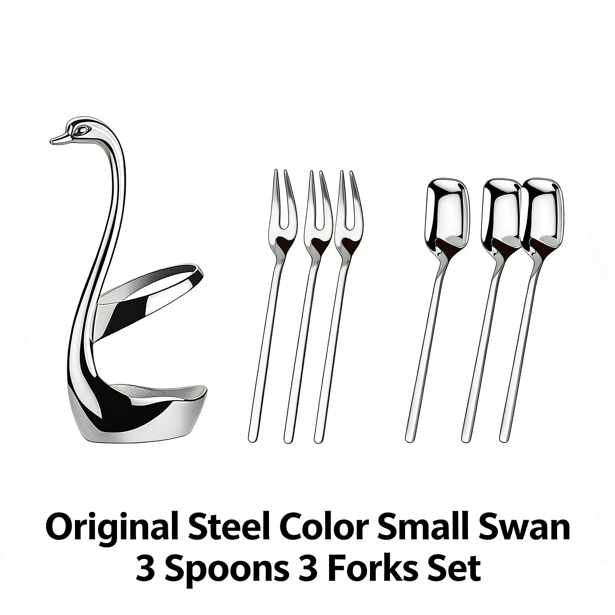 HGD 304 Stainless Steel Fruit Spoon & Fork Set | Swan Base Holder | Modern Minimalist Tableware Kit