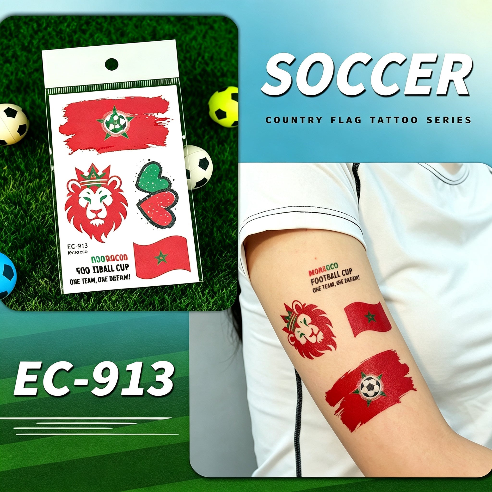RCT 2026 World Cup Waterproof Flag Temporary Tattoos – 5 Pack | Safe Soy Ink, RoHS CE CPC UKCA Certified
