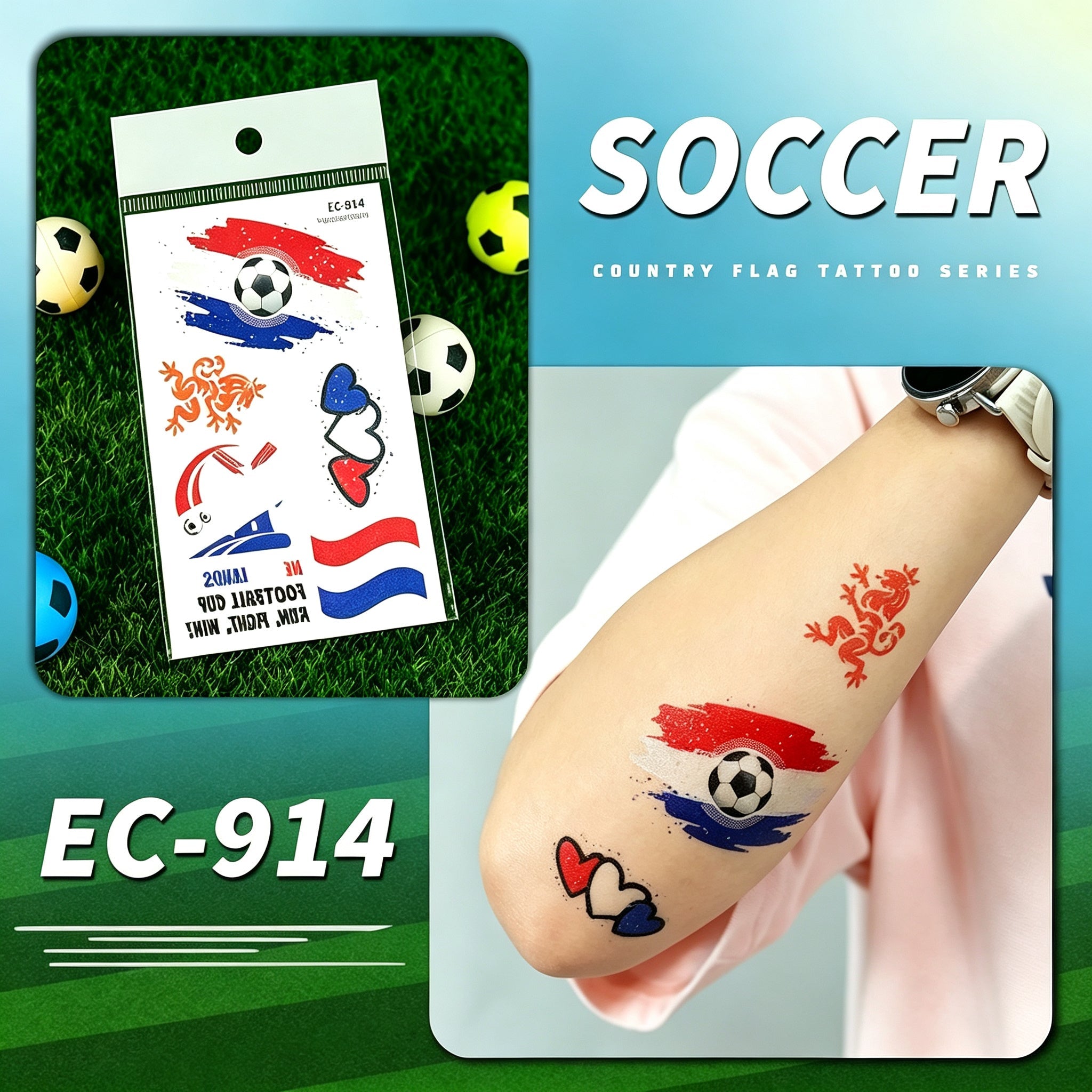 RCT 2026 World Cup Waterproof Flag Temporary Tattoos – 5 Pack | Safe Soy Ink, RoHS CE CPC UKCA Certified
