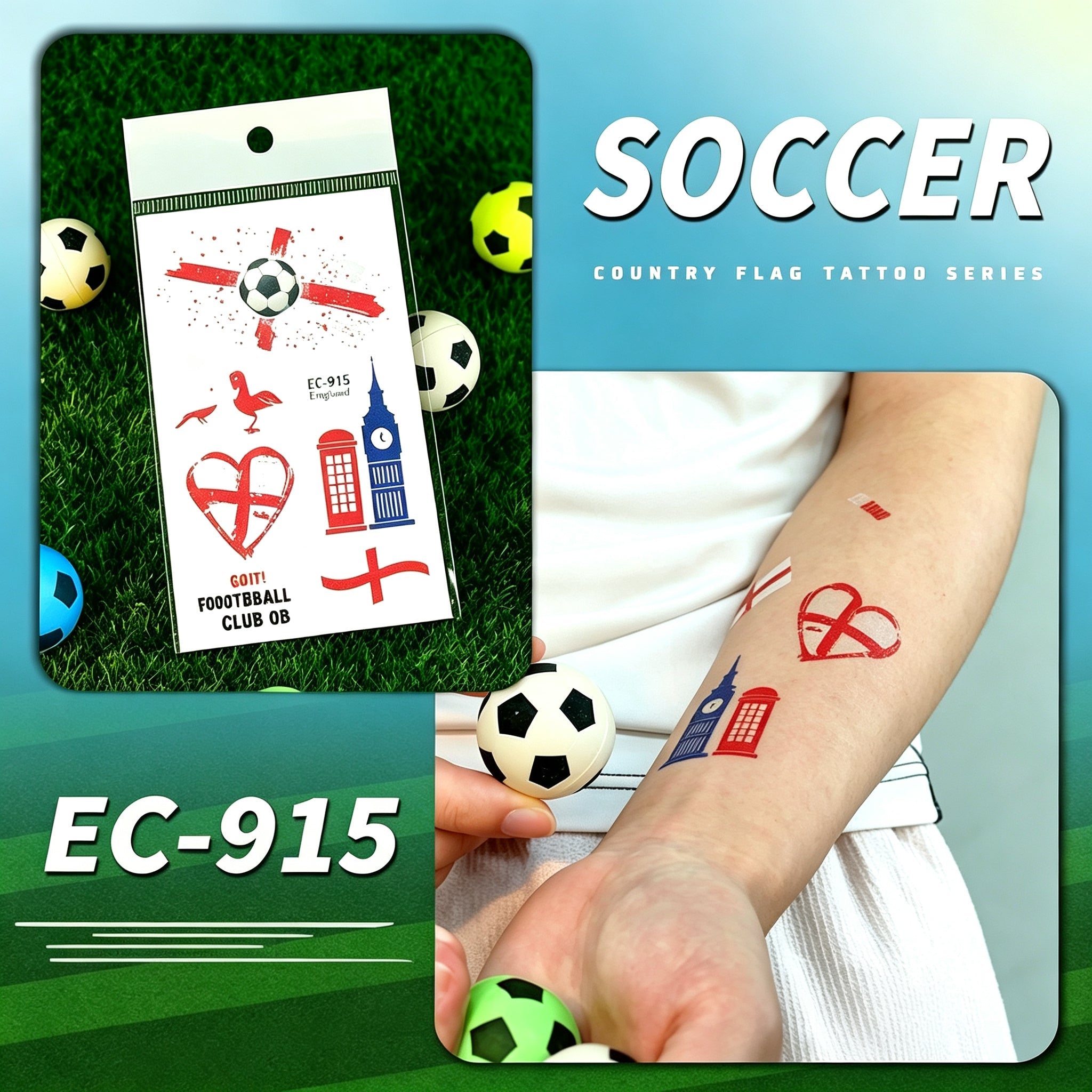 RCT 2026 World Cup Waterproof Flag Temporary Tattoos – 5 Pack | Safe Soy Ink, RoHS CE CPC UKCA Certified
