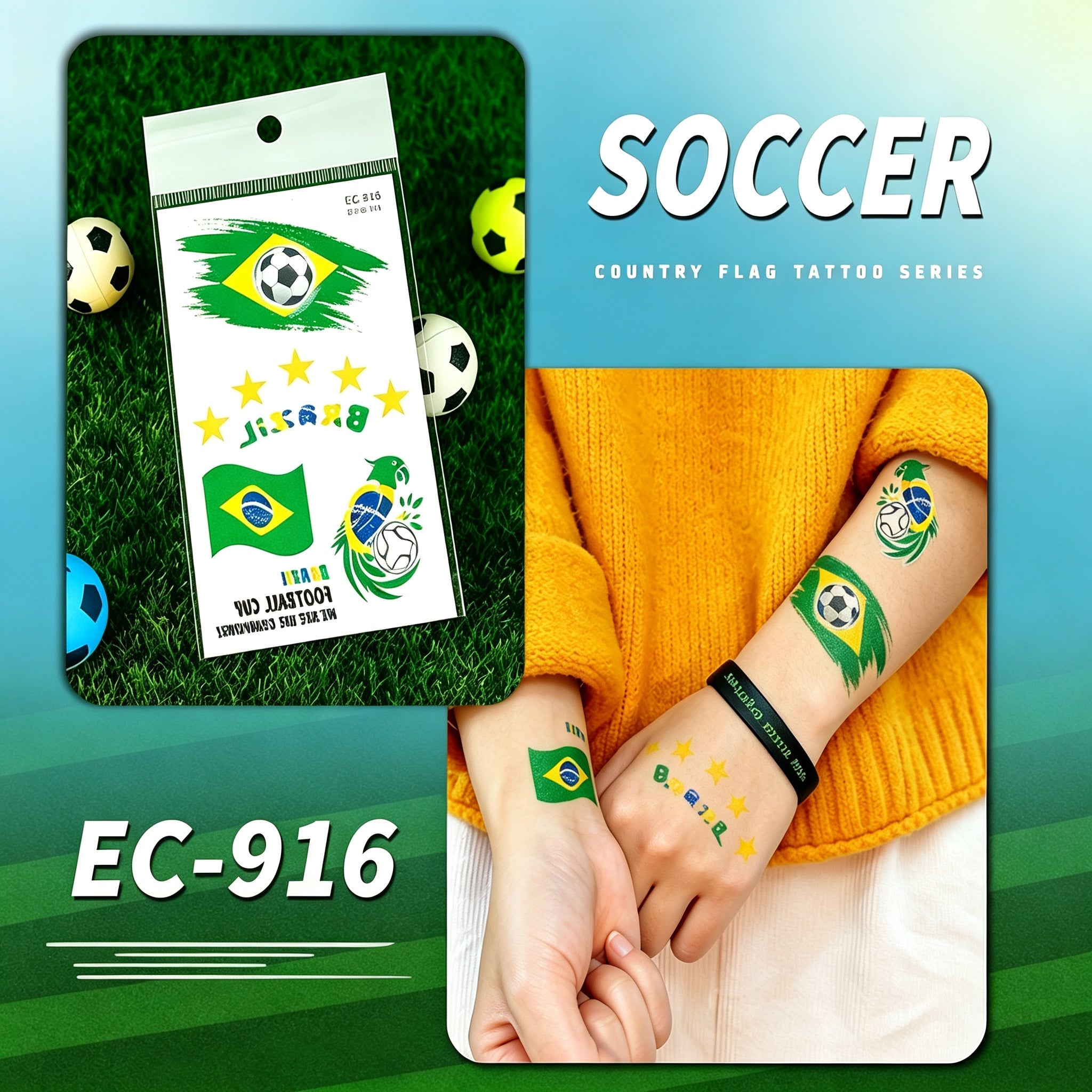 RCT 2026 World Cup Waterproof Flag Temporary Tattoos – 5 Pack | Safe Soy Ink, RoHS CE CPC UKCA Certified