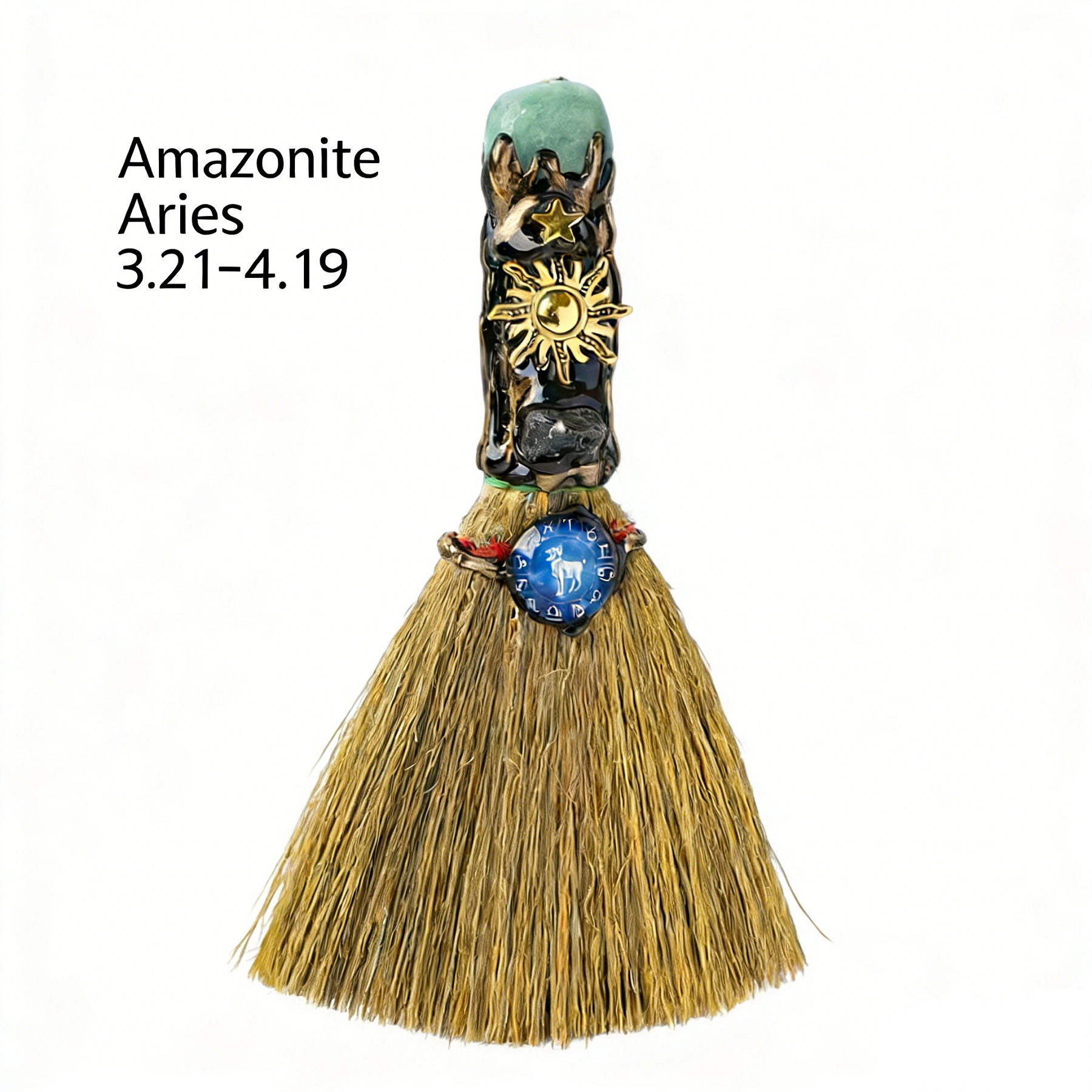 RYS Handmade Witch Broom with Natural Crystal | Zodiac Sign Altar Decor | Aries Amazonite Mini Broom for Wiccan & Pagan Gifts
